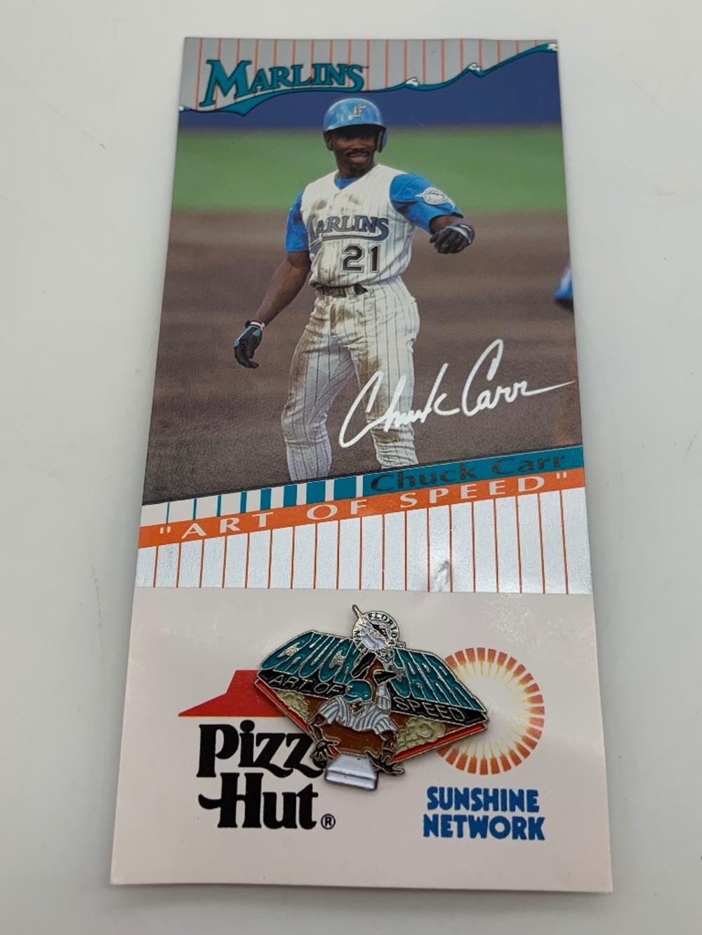 Vintage Florida Marlins Chuck Carr Art of Speed Baseball MLB Pin and Card